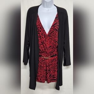 Jaclyn Smith 2X Slinky Stretch Knit Tunic Top Built In Cardigan Animal Print